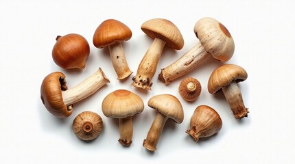 A collection of various mushrooms, showcasing their earthy tones and unique shapes. The mushrooms are arranged on a white background, creating a visually appealing contrast.