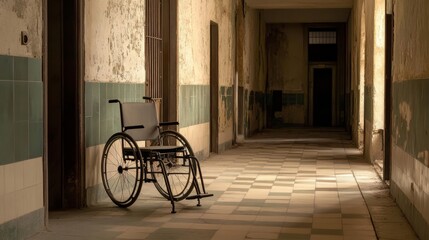 Empty wheelchair resting silently on a nostalgic hospital corridor, evoking thoughts of healing, resilience, and the passage of time in a place of care and recovery.