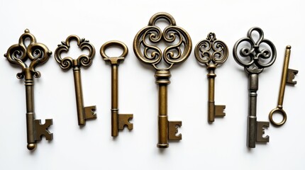 Seven antique keys in gold and silver tones arranged on a white background. These ornate keys would make a beautiful still life image.