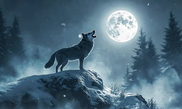 A wolf howls under a full moon in a snowy, serene forest landscape.