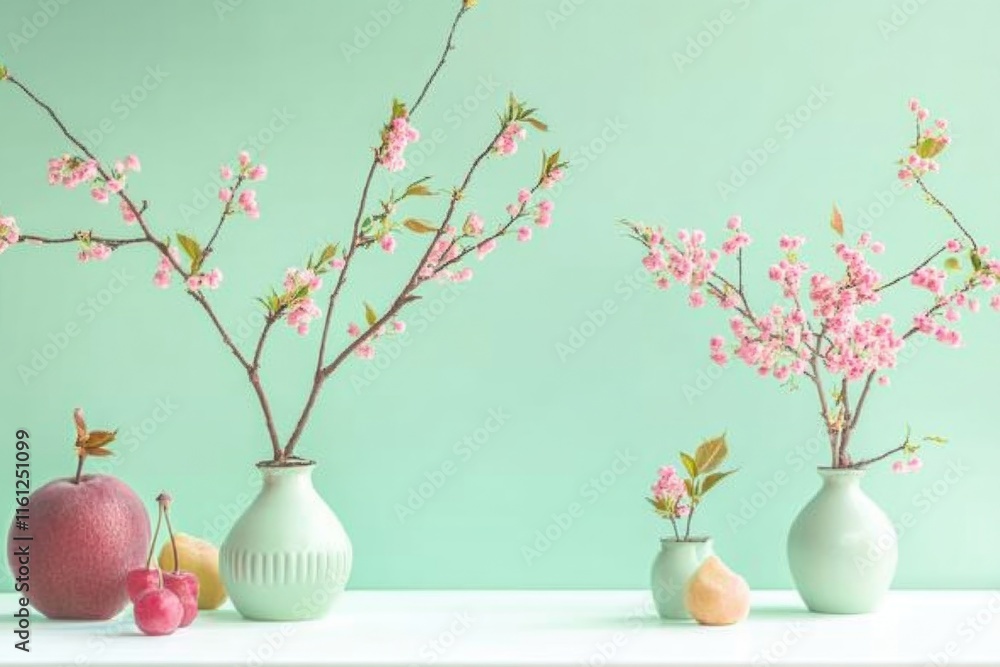 Poster a still life of three vases filled with fresh flowers and fruit arranged on a table
