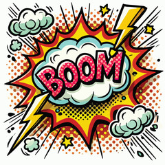 Cartoon comic sign burst cloud. Speech bubble, boom sign expression and   on a white background