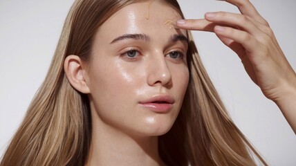 Fototapeta premium Skin care procedure: close-up of young woman, portrait of girl model with long straight shiny blonde smooth healthy hair, natural beauty of smooth skin for skin care, on white background applying oil 