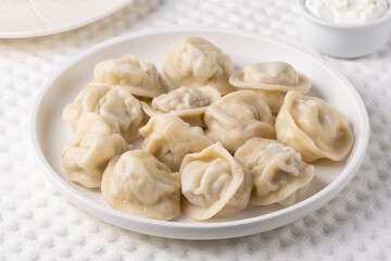 Traditional pelmeni, ravioli, dumplings filled with meat on plate, russian kitchen.