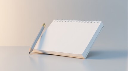 A spiral notebook with a pencil resting on its open pages lies on a minimalist gray background, ideal for themes of creativity and organization