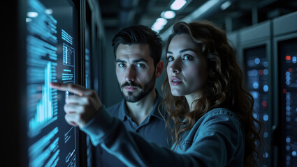 Tech Duo Analyzing Data: A focused man and woman, IT professionals, collaborate intently before a large data screen in a server room.