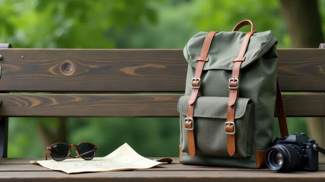 A stylish backpack, vintage camera, sunglasses, and map rest on a wooden bench against a lush green park backdrop, evoking a sense of adventure and exploration