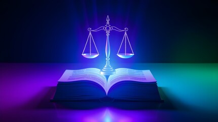 Glowing AI Code Book with Holographic Scales of Justice