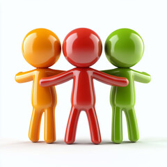 Graphical representation of teamwork with 3D figures in orange, yellow and red colors