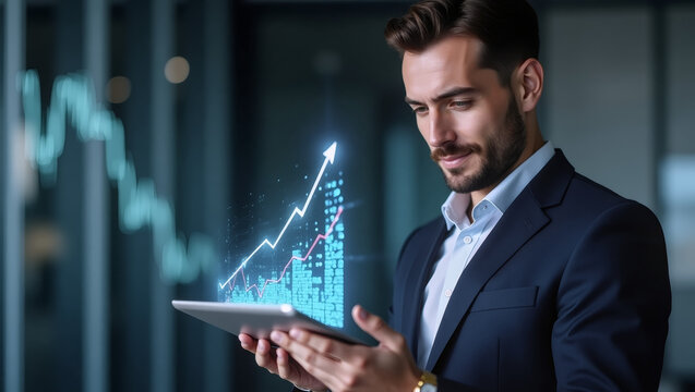 Strategic Vision: A focused businessman reviews a digital graph showcasing upward growth trends on his tablet, symbolizing success and strategic planning.