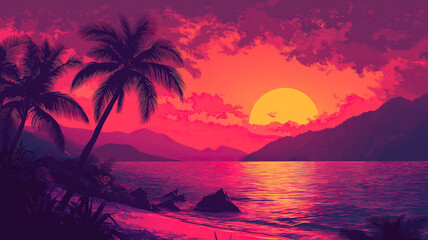 Obraz premium Modern vintage colors enhance palm tree silhouettes on a tropical beach during a stunning sunset