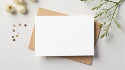 Blank white cards on a soft pink background with decorative peach flowers and scattered golden confetti, perfect for invitations or stationery designs