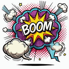 Cartoon comic sign burst cloud. Speech bubble, boom sign expression and   on a white background