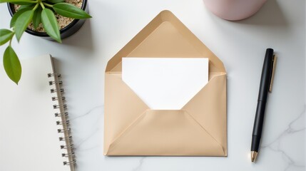 Open beige envelope with blank card lies on a white marble desk alongside a succulent, pen, and notebook, creating a minimalist workspace aesthetic