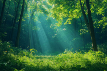 Obraz premium Photo réaliste d’une forêt dense avec de hauts arbres majestueux, où la lumière du soleil traverse le feuillage, jeux d’ombre et de lumière, atmosphère magique et sereine