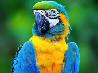 Naklejka premium A vibrant macaw with blue and yellow feathers, showcasing its striking features.