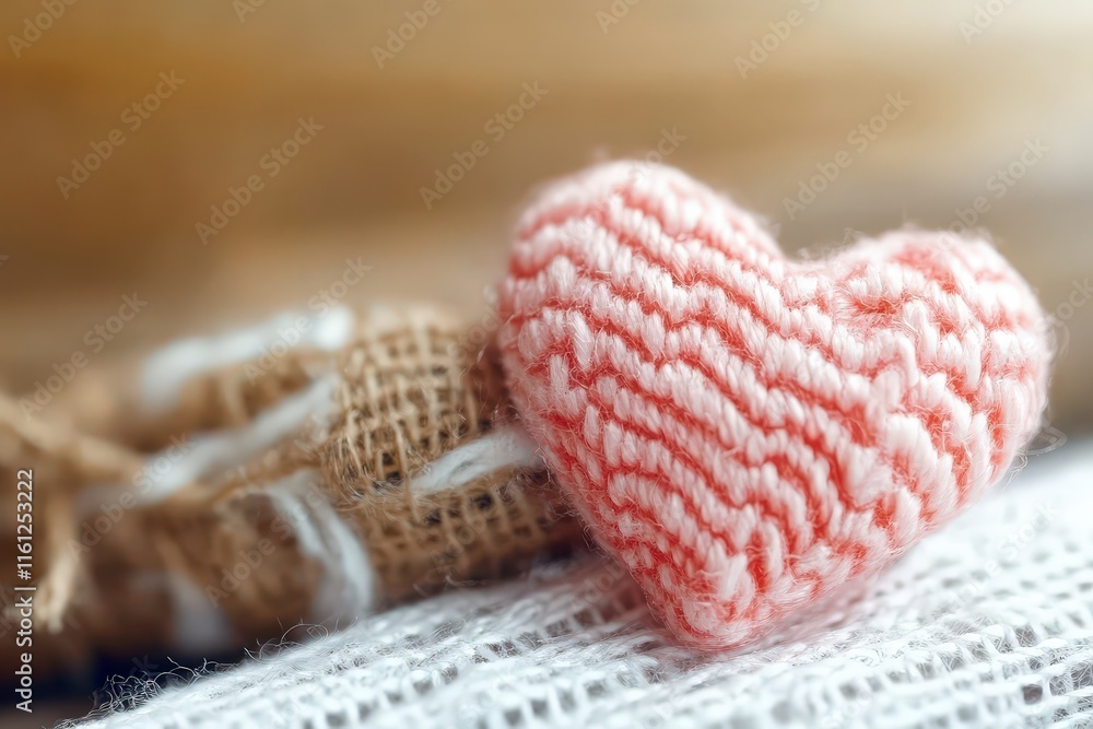 Poster delicate knitted heart on rustic background in soft coral color