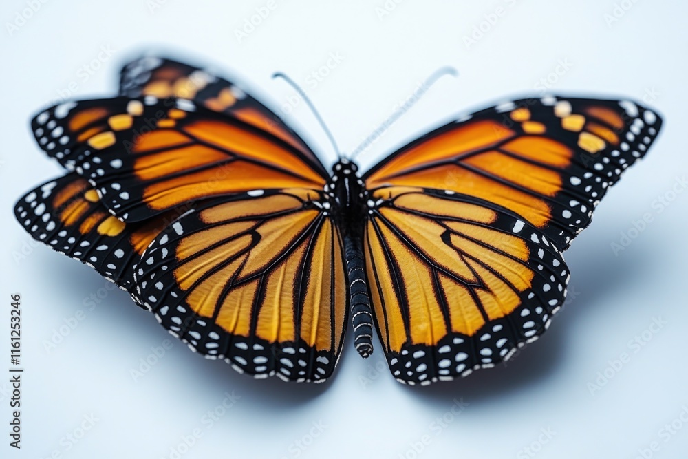 Poster a close-up view of a colorful butterfly perched on a white surface