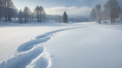 Obraz premium Footprints leading through a snowy landscape with trees under a soft winter sky