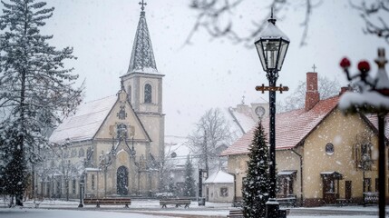 A church with a clock tower covered in snow
