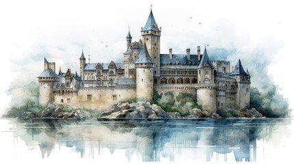 Obraz premium Majestic Castle by the Lake: A Watercolor Masterpiece