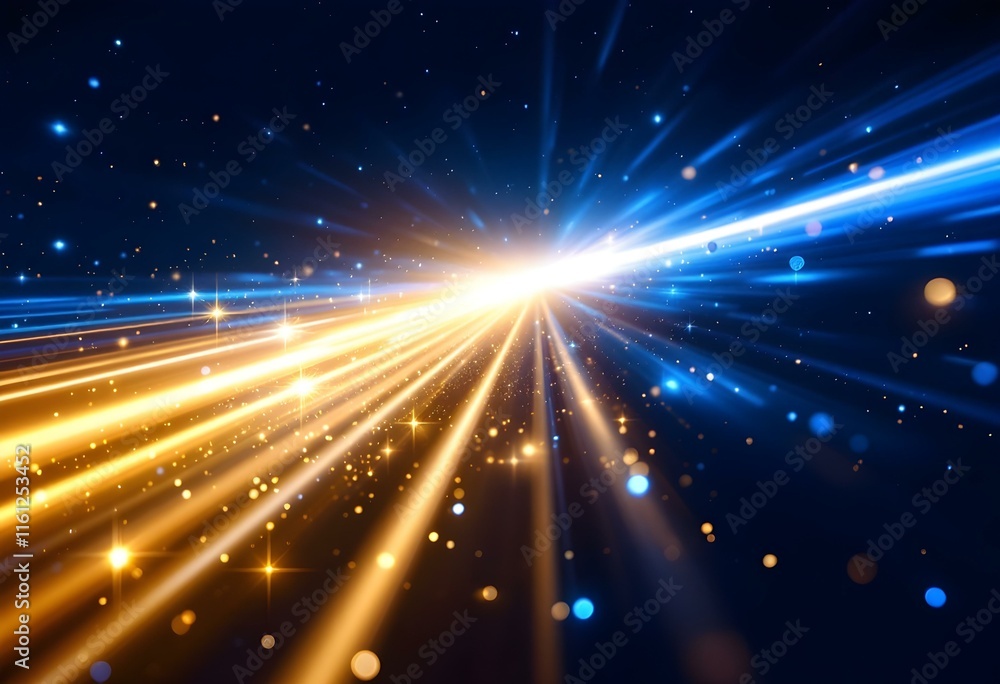 Poster bright cosmic light burst with golden and blue rays. dynamic space energy explosion effect. abstract