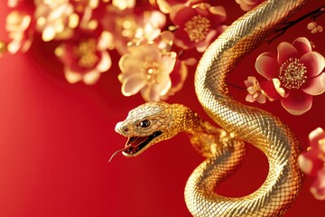 Obraz premium A golden snake coiled around a branch with colorful flowers