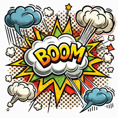 Cartoon comic sign burst cloud. Speech bubble, boom sign expression and   on a white background