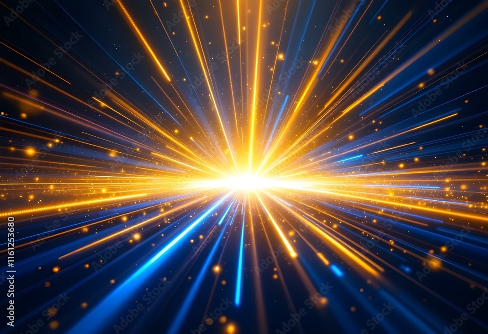 Poster bright golden burst of light rays spreading through deep blue space. glowing energy explosion with s