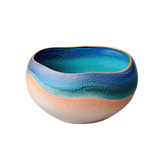 Obraz premium Unique handcrafted ceramic bowl with blue gradient glaze and textured finish isolated on white background