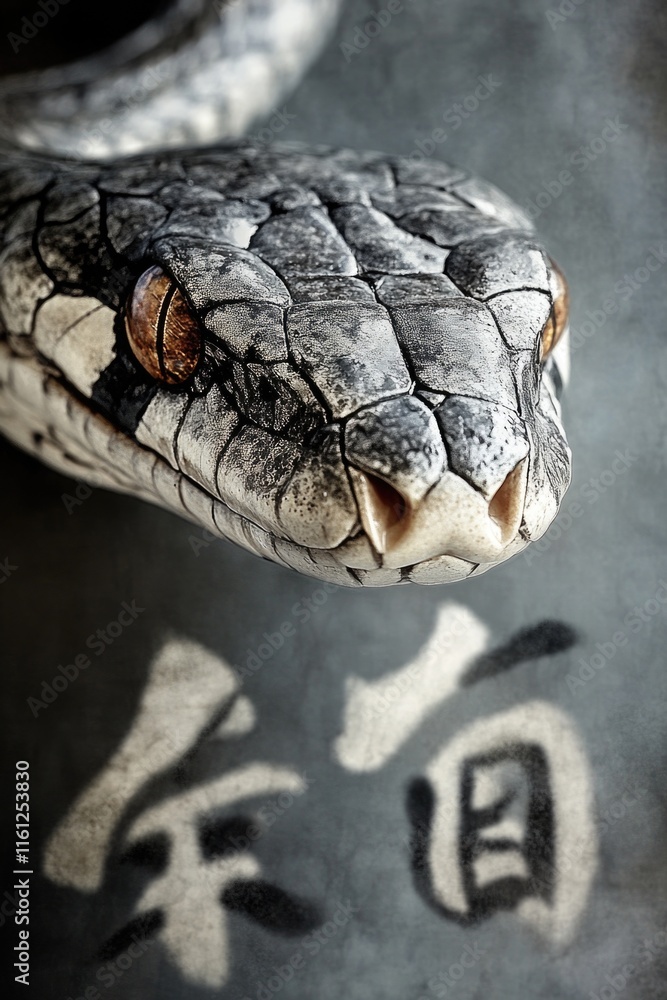 Poster A close-up view of a snake's head on a table, ready for study or display