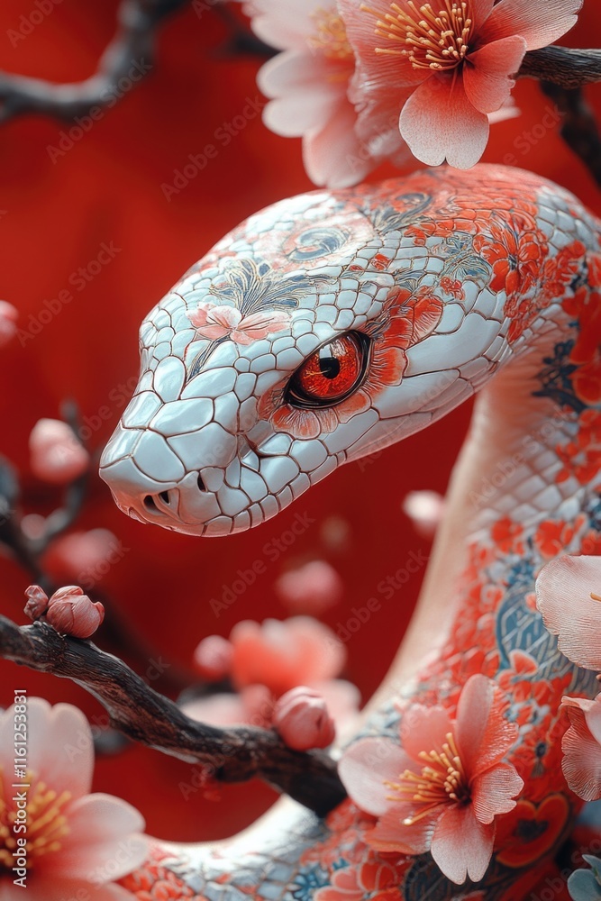 Aufkleber a close-up shot of a snake resting on a branch adorned with colorful flowers, perfect for use in edi