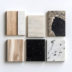  Top view composition displaying interior finishing materials like white and beige grained quartz stone, ash wood veneer, and black cosmos quartzite stone  against a white background, Generative Ai