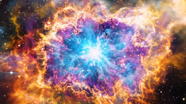 A panoramic view of a supernova explosion, with bright colors radiating outward, surrounded by a cloud of cosmic dust and distant stars. Space concept