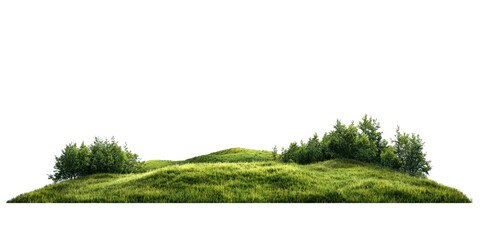 Panoramic view of lush green grass forest with trees on a hill on a white background