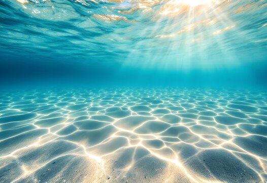 Underwater view of sandy ocean floor with sunlight rays shining through crystal clear turquoise water. Natural summer beach landscape beneath surface. Marine background with copy space