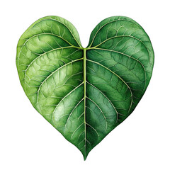 Watercolor painting of heart-shaped tropical leaf showcasing rich green tones and intricate vein details