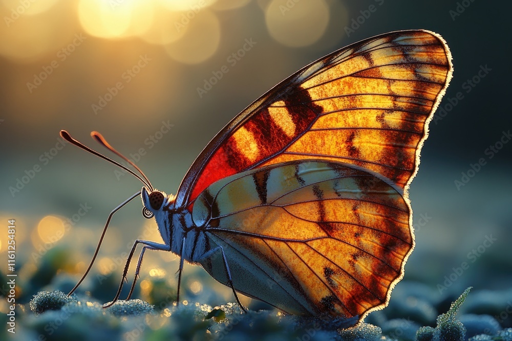 Poster a close-up view of a butterfly perched on a colorful flower