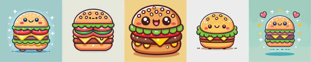 PrintCollection of vector illustrations of smiling burgers