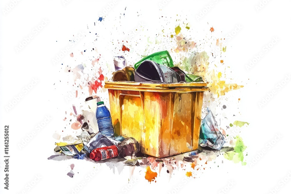 Poster a colorful illustration of a trash can with a unique watercolor style