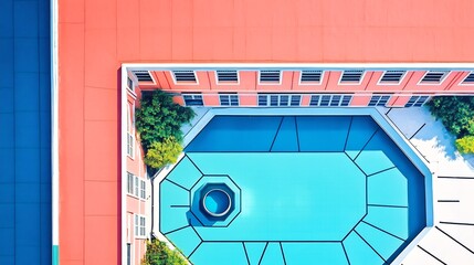 Obraz premium High-Angle Photo: Vibrantly Colored Courtyard Pool, Modern Building Rooftop View. AI Generated