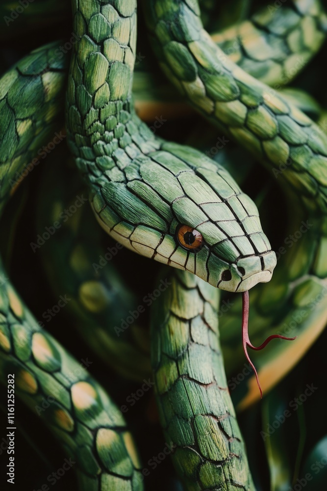 Poster a close-up shot of a snake resting on a branch, perfect for nature and wildlife-themed projects
