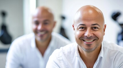 Fototapeta premium Before and after views of successful hair restoration treatment. Transformation showcasing renewed confidence and improved appearance through advanced medical solutions