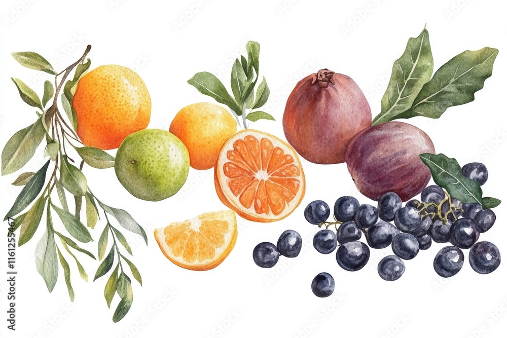 Poster a still life image of various fruits arranged on a plain white surface