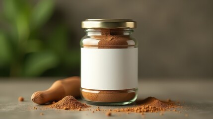 Glass jar with blank label filled with ground spices, surrounded by spice piles and leaves on a neutral background