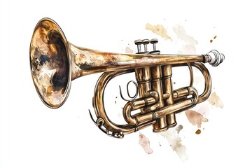 Obraz premium A golden trumpet sits alone on a white background, ideal for use in promotional materials or as a decorative element