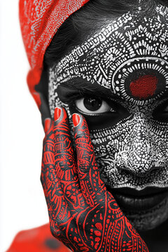 portrait of a Indian woman, indian woman wearing intricate make up, theyyam style make up, red make up, theyyam style of patterns, close up shot of indian woman 