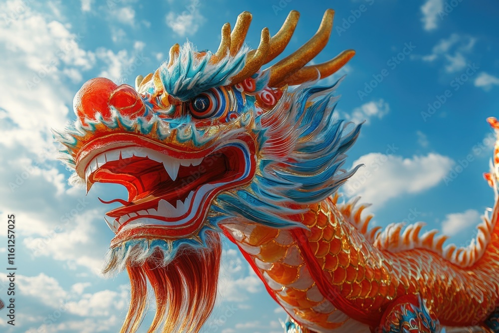 Poster A close-up view of a dragon statue with cloudy sky in the background, suitable for use in fantasy or mythical themed designs
