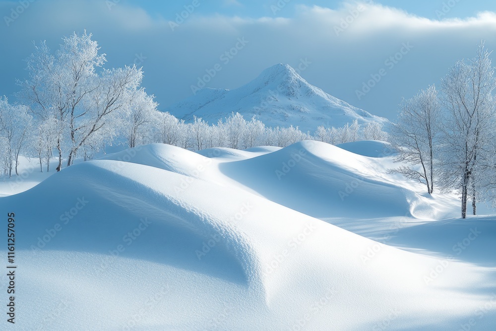 Poster a serene snowy landscape with trees and a mountain in the background, ideal for use in winter-themed