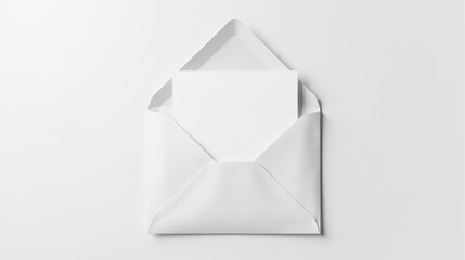 White envelope with a blank card peeking out on a clean white surface, symbolizing communication, simplicity, and minimalism